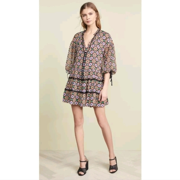 ALICE AND OLIVIA Arnette Lace-trimmed Printed Crepe De Chine Mini Dress Sz M - Picture 3 of 7